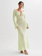 Crochet Long Sleeve Beach Cover Up Dress