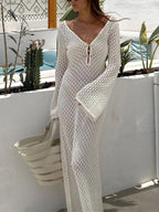 Crochet Long Sleeve Beach Cover Up Dress